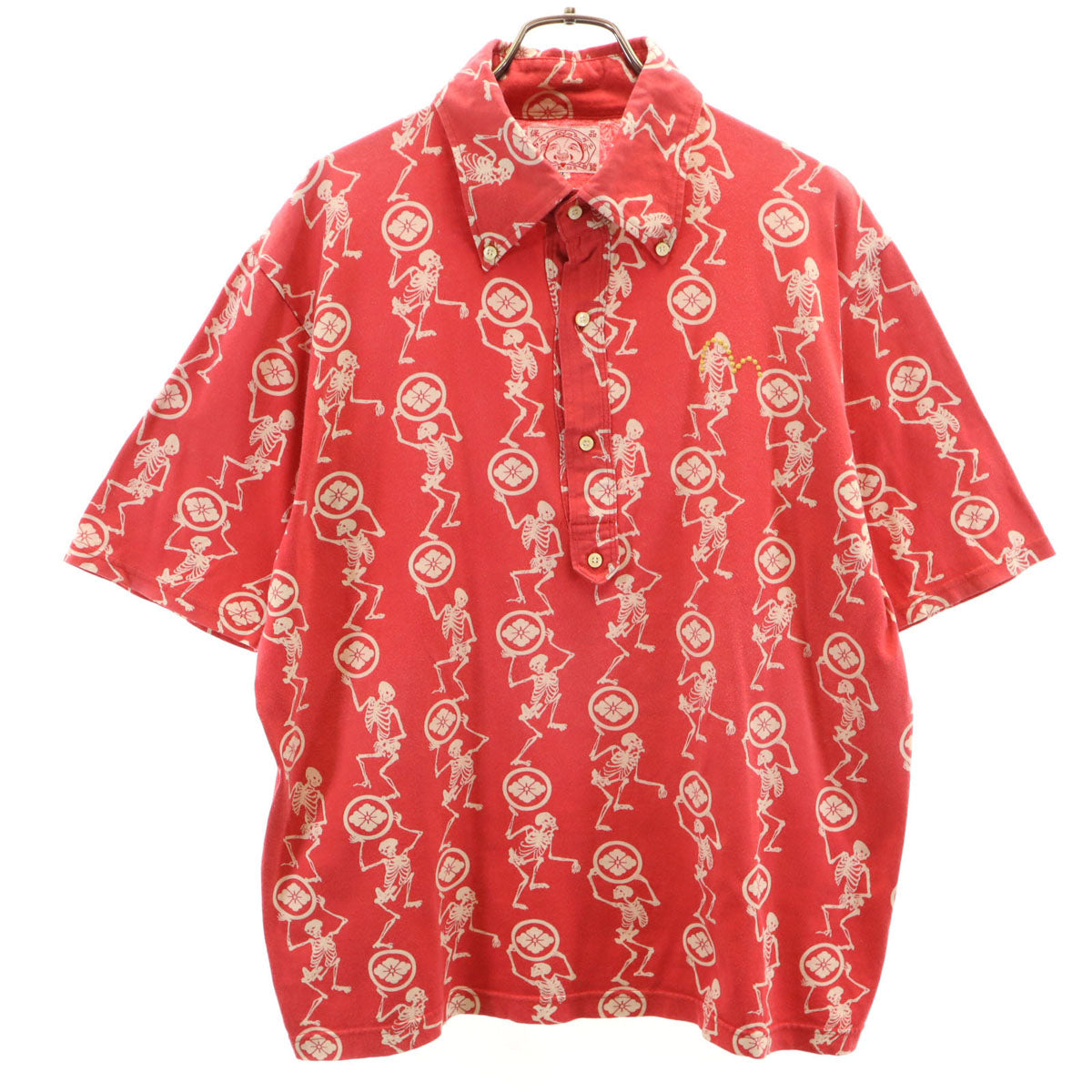 EVISU エヴィス 日本製 スカル柄 半袖 ボタンダウン ポロシャツ 2 レッド メンズ