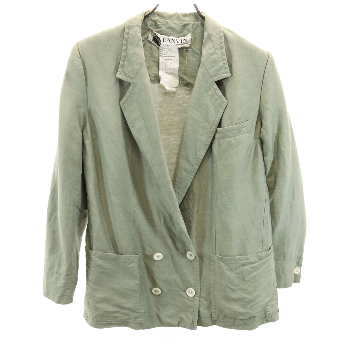 LANVIN ランバン 80s フランス製 リネンブレンド ヴィンテージ ダブル テーラードジャケット 42 オリーブ レディース
