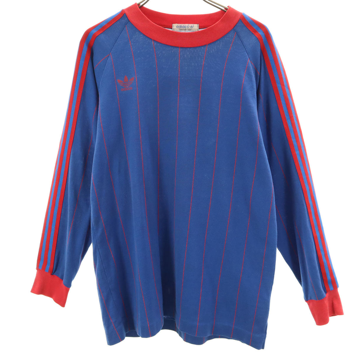 adidas アディダス 70s 80s デサント製 ヴィンテージ トレフォイルロゴ ストライプ柄 長袖 Tシャツ L ブルー デサント ロンT トップス メンズ