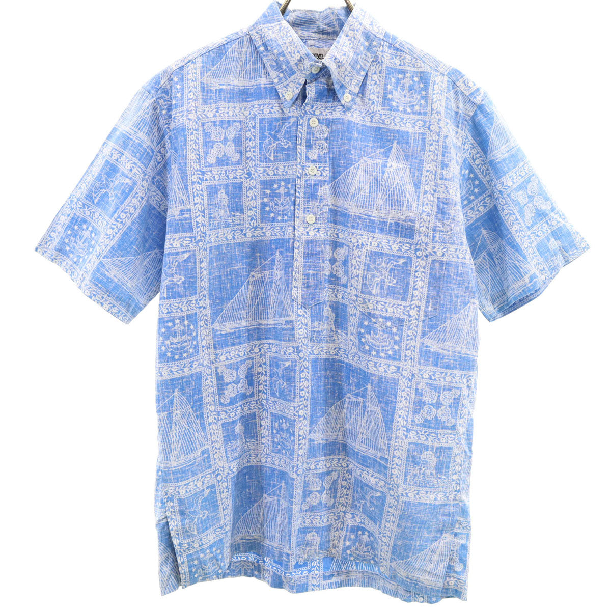reyn spooner レインスプーナー 80s リバースプリント ヴィンテージ 総柄 半袖 ハーフボタン ボタンダウン アロハシャツ S ブルー系 プルオーバー メンズ