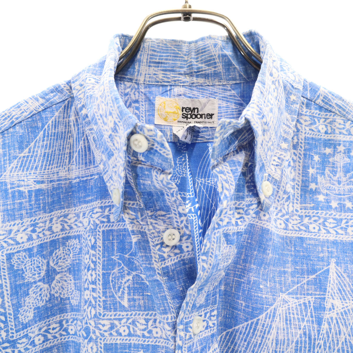 reyn spooner レインスプーナー 80s リバースプリント ヴィンテージ 総柄 半袖 ハーフボタン ボタンダウン アロハシャツ S ブルー系 プルオーバー メンズ