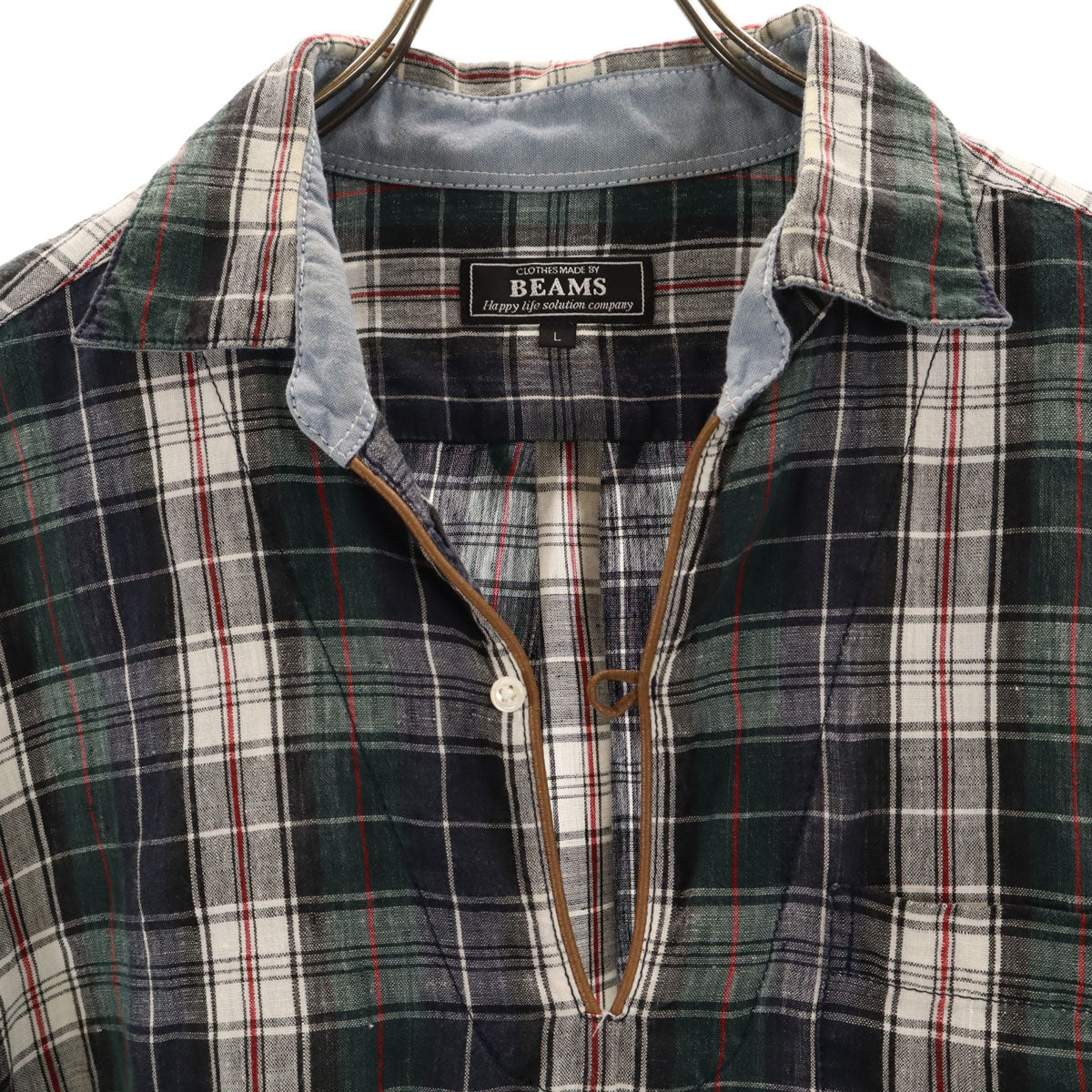 BEAMS ビームス リネン チェック柄 半袖 シャツ L ネイビー系 メンズ