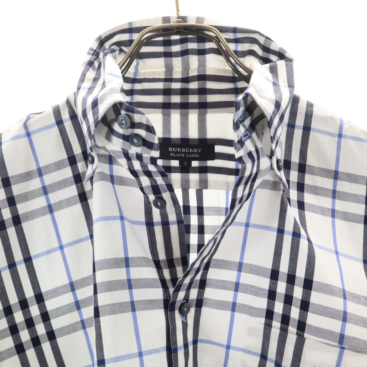 BURBERRY BLACK LABEL バーバリーブラックレーベル 日本製 チェック柄 半袖 ボタンダウンシャツ 2 ホワイト 三陽商会 メンズ
