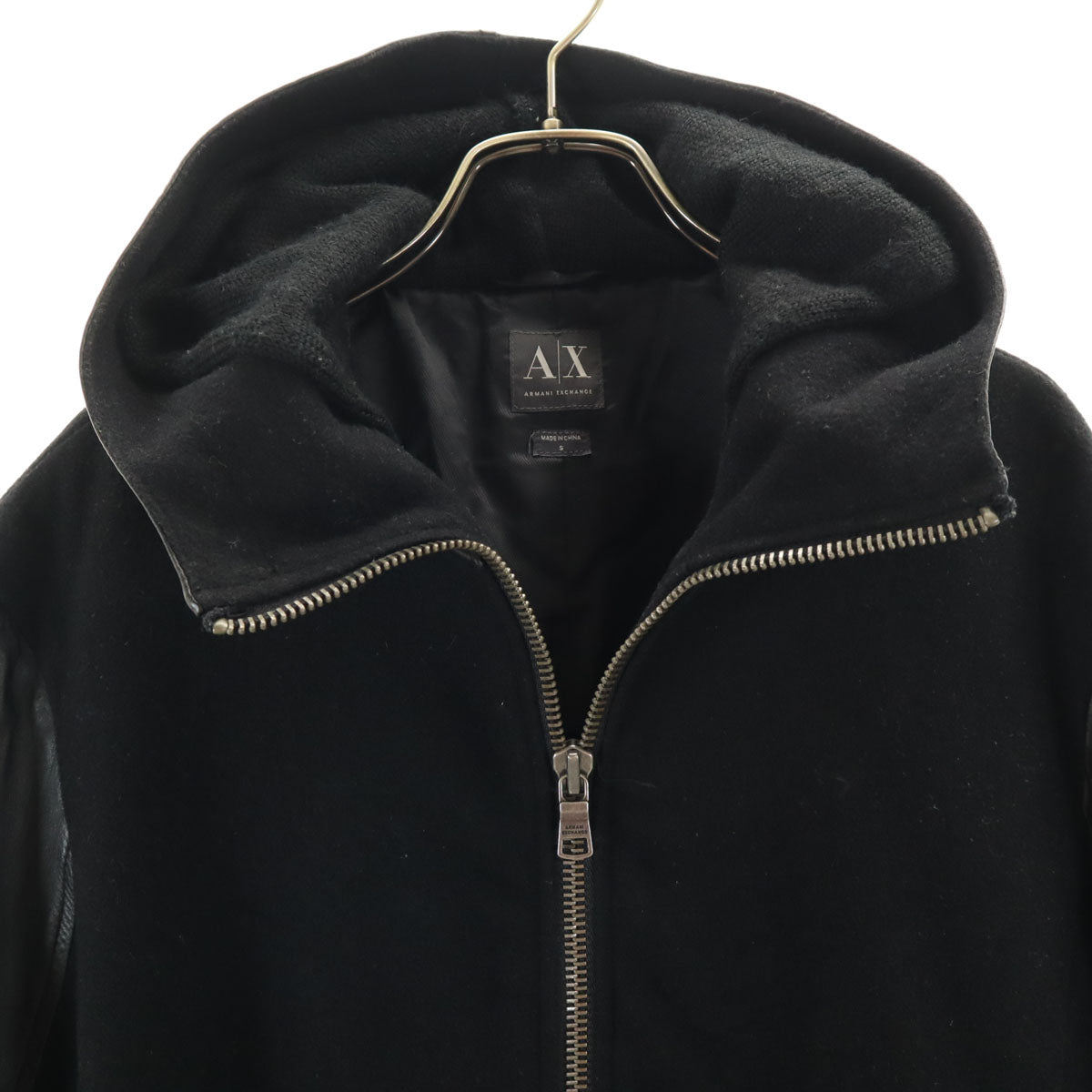 ARMANI EXCHANGE アルマーニエクスチェンジ 羊革レザー切替 フーデッド スタジャン S ブラック メンズ