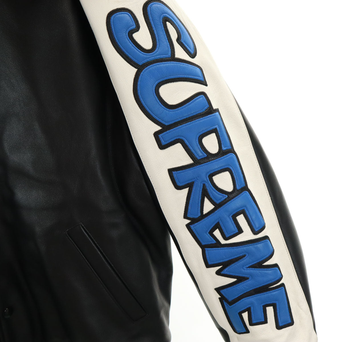 Supreme シュプリーム 20FW スマーフ コラボ 羊革レザー バーシティ ジャケット L ブラック x The Smurfs 中綿 メンズ