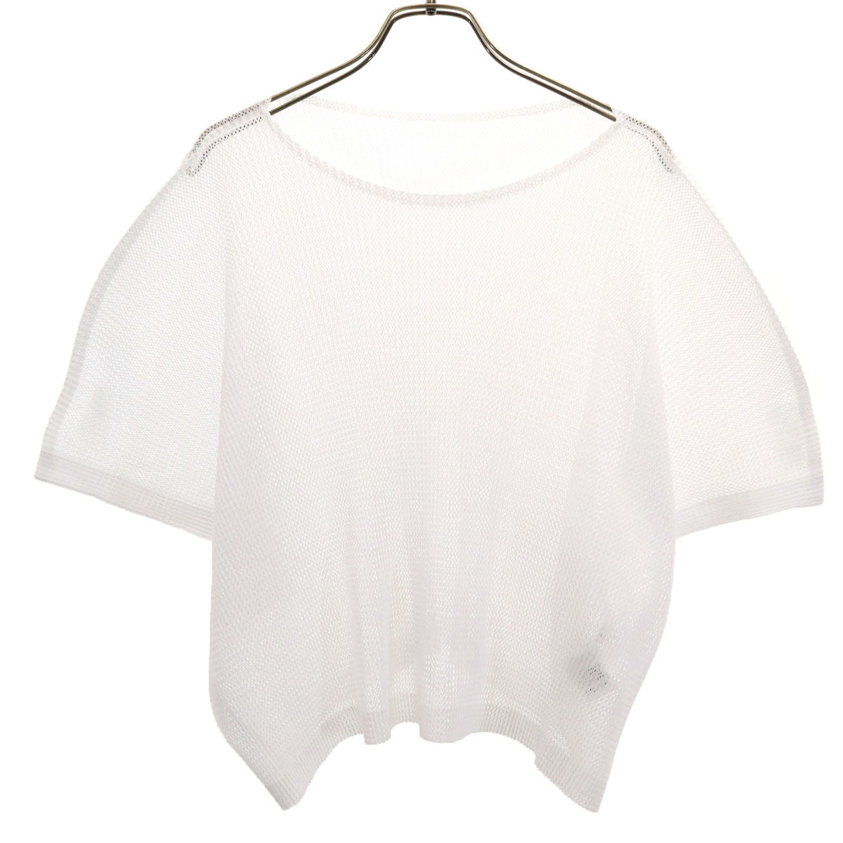 美品 PLEATS PLEASE プリーツプリーズ 日本製 フレンチスリーブ メッシュプリーツ カットソー 3 ホワイト イッセイミヤケ トップス レディース