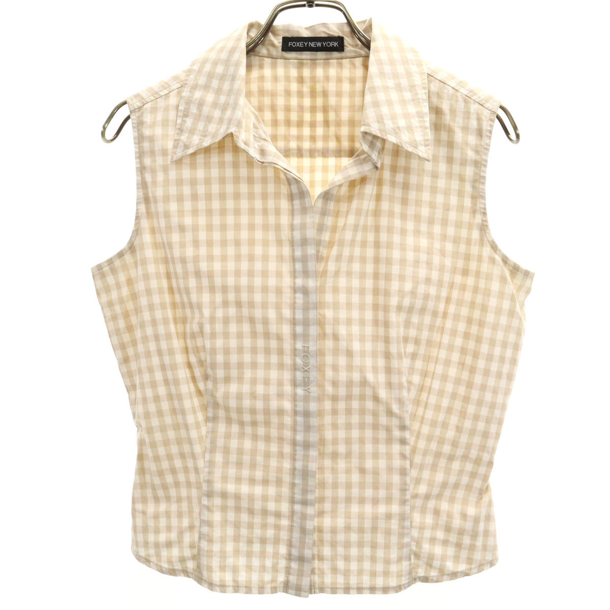 FOXEY NEW YORK フォクシーニューヨーク 日本製 チェック柄 ノースリーブ シャツ ベージュ レディース