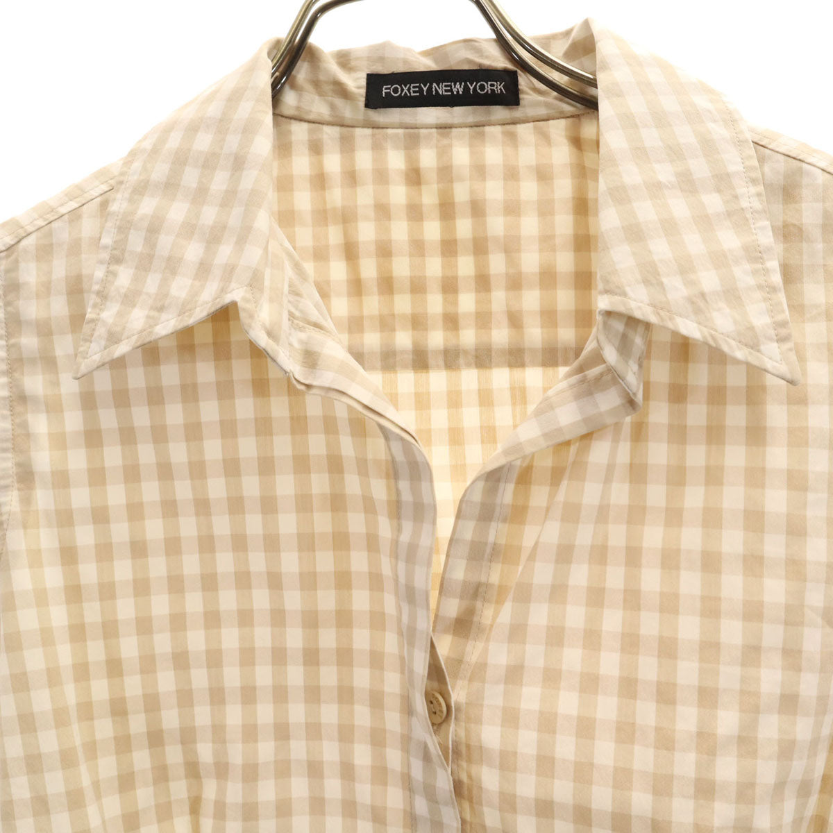 FOXEY NEW YORK フォクシーニューヨーク 日本製 チェック柄 ノースリーブ シャツ ベージュ レディース