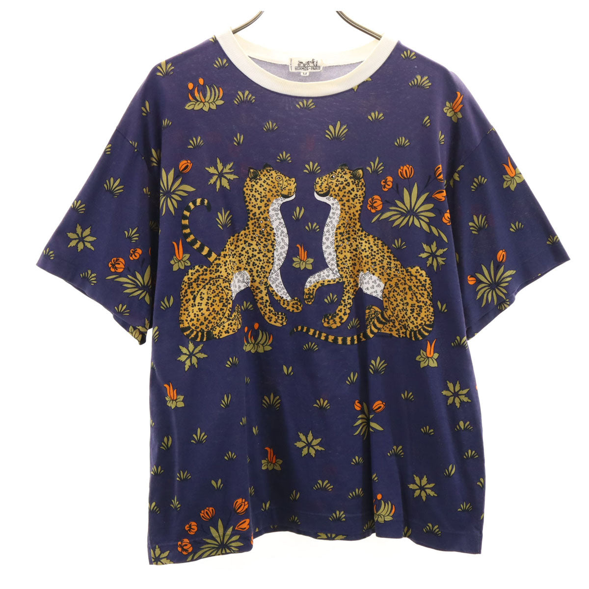 HERMES エルメス イタリア製 ヒョウ 半袖 Tシャツ M ネイビー レディース