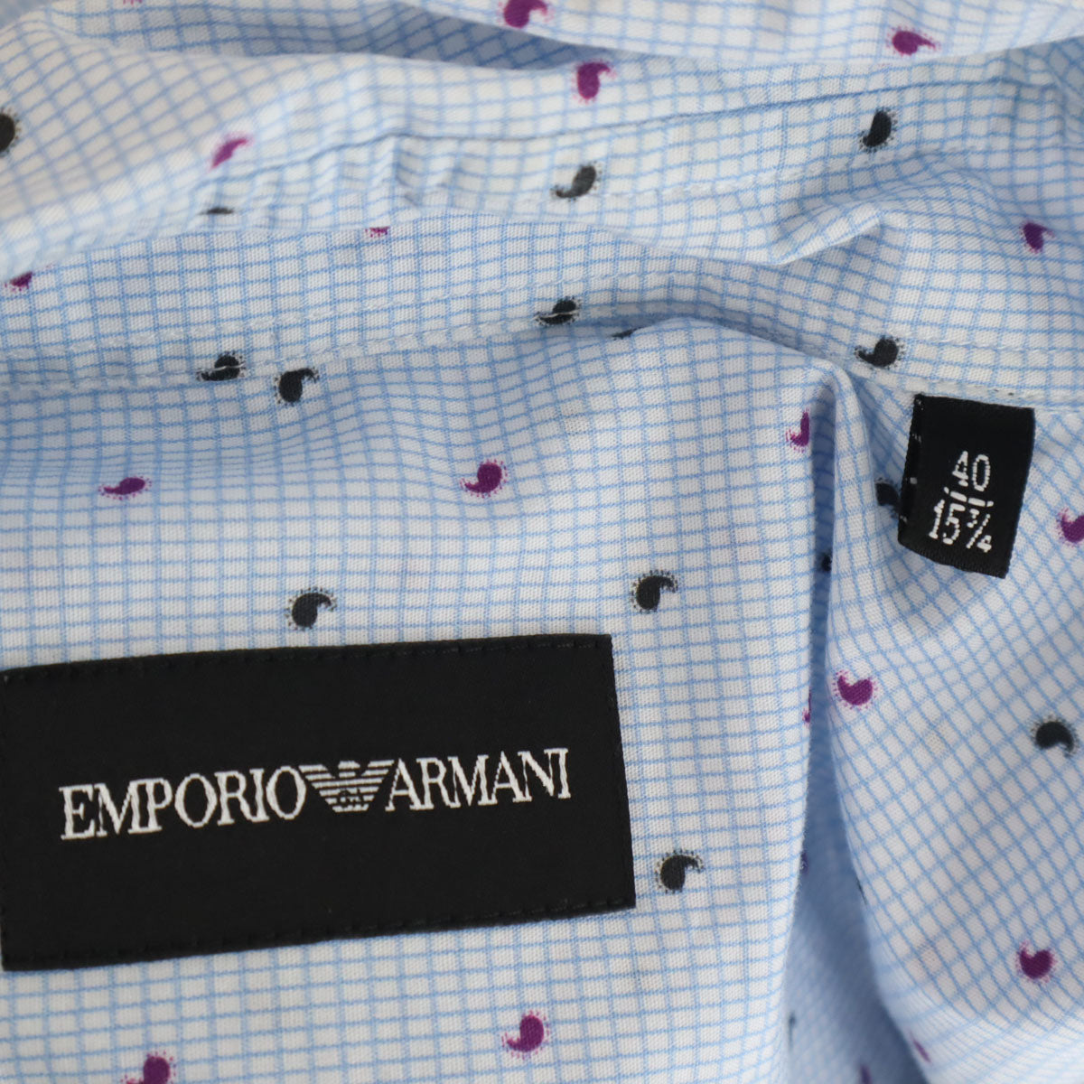 Emporio Armani エンポリオアルマーニ 勾玉柄 半袖 シャツ 40 水色 ロールアップ袖 メンズ