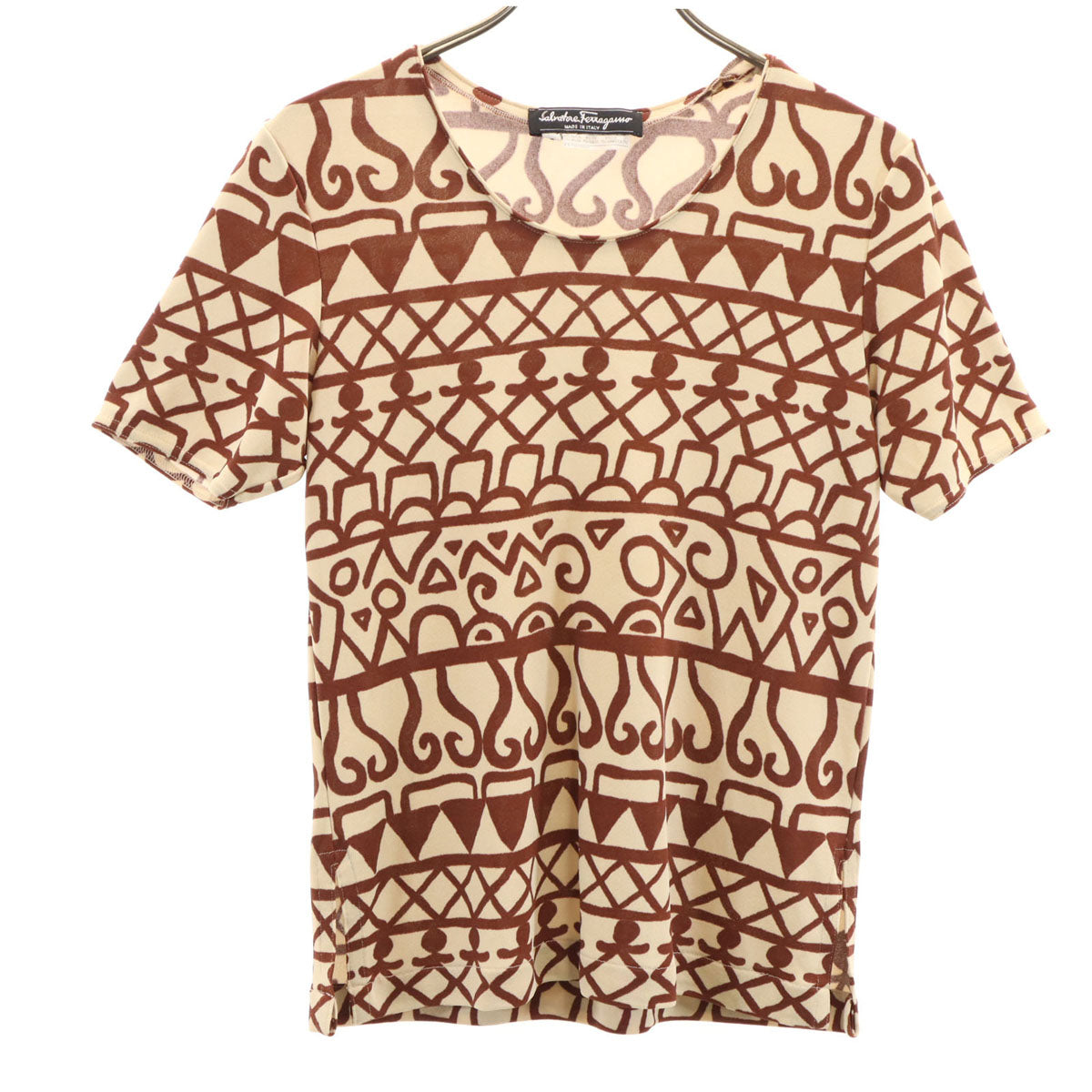 Salvatore Ferragamo サルヴァトーレフェラガモ イタリア製 エスニック柄 半袖 Tシャツ S ベージュ レディース