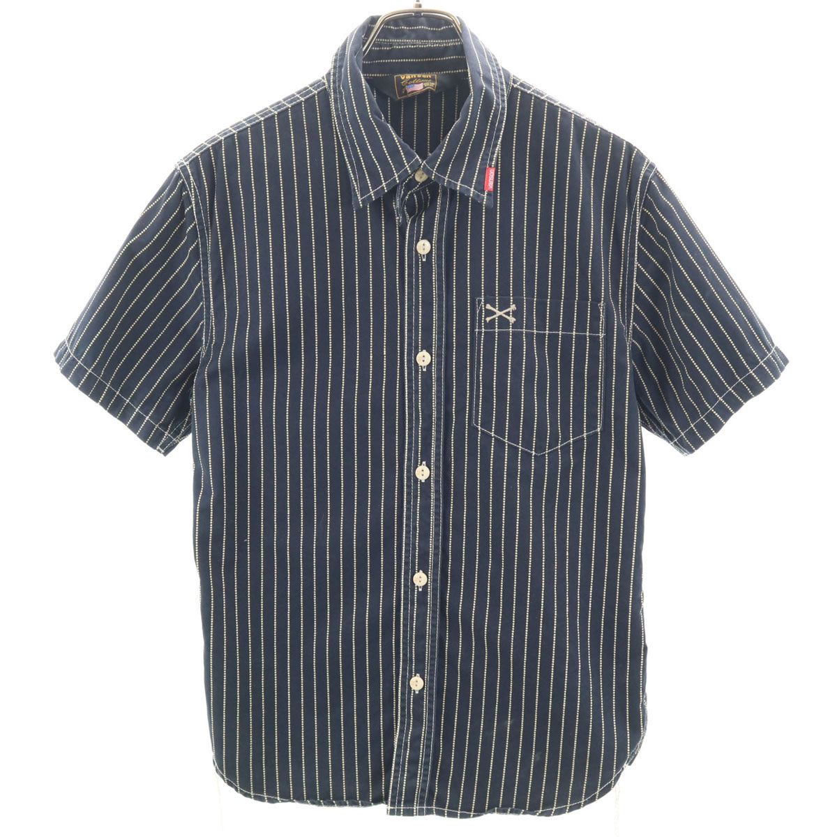 VANSON Cottons バンソンコットンズ ストライプ柄 半袖 ワークシャツ M ネイビー メンズ