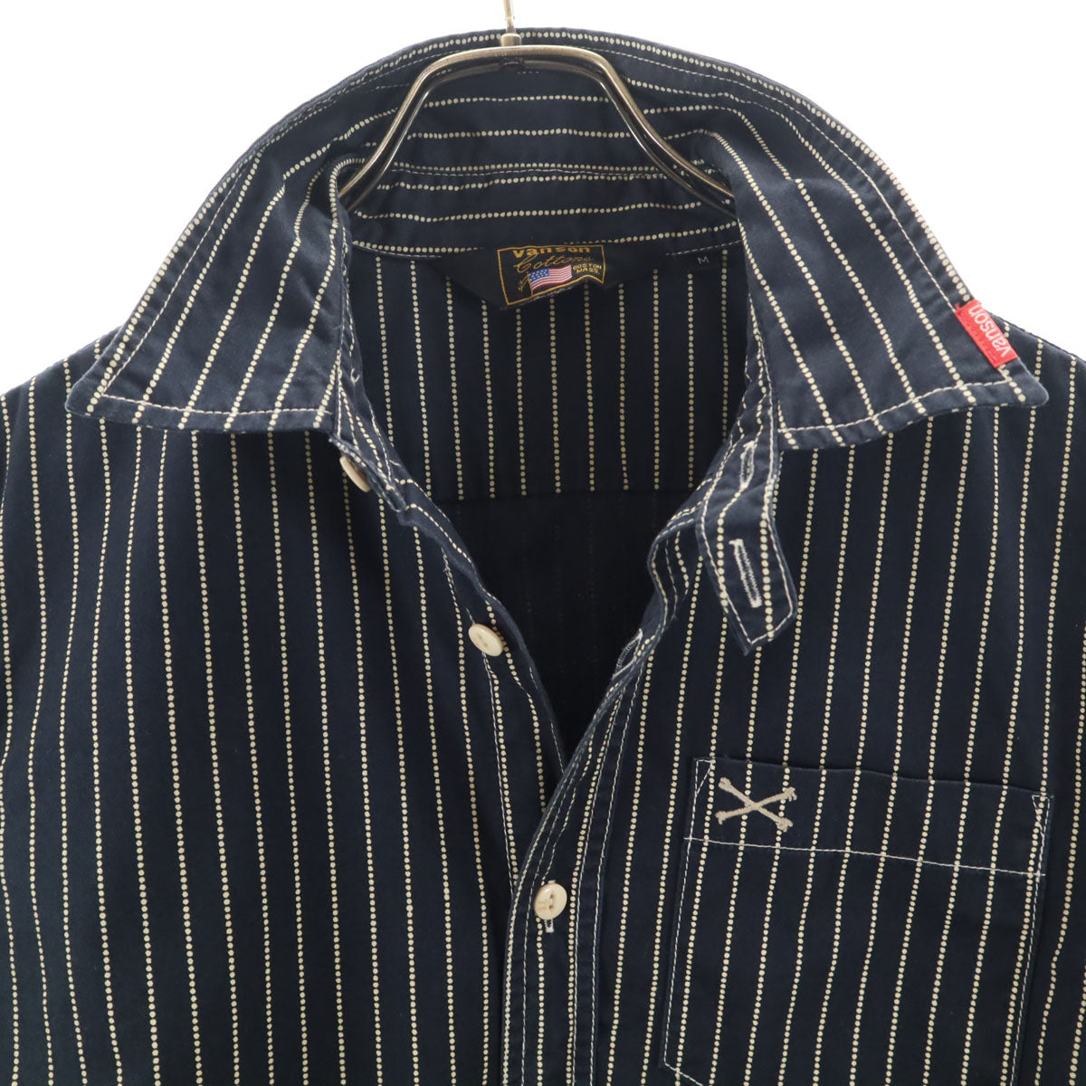 VANSON Cottons バンソンコットンズ ストライプ柄 半袖 ワークシャツ M ネイビー メンズ