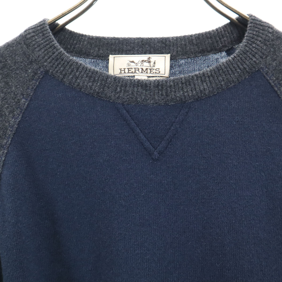 HERMES エルメス イタリア製 ウールブレンド 長袖 ツートンカラー セーター L ブルー メンズ