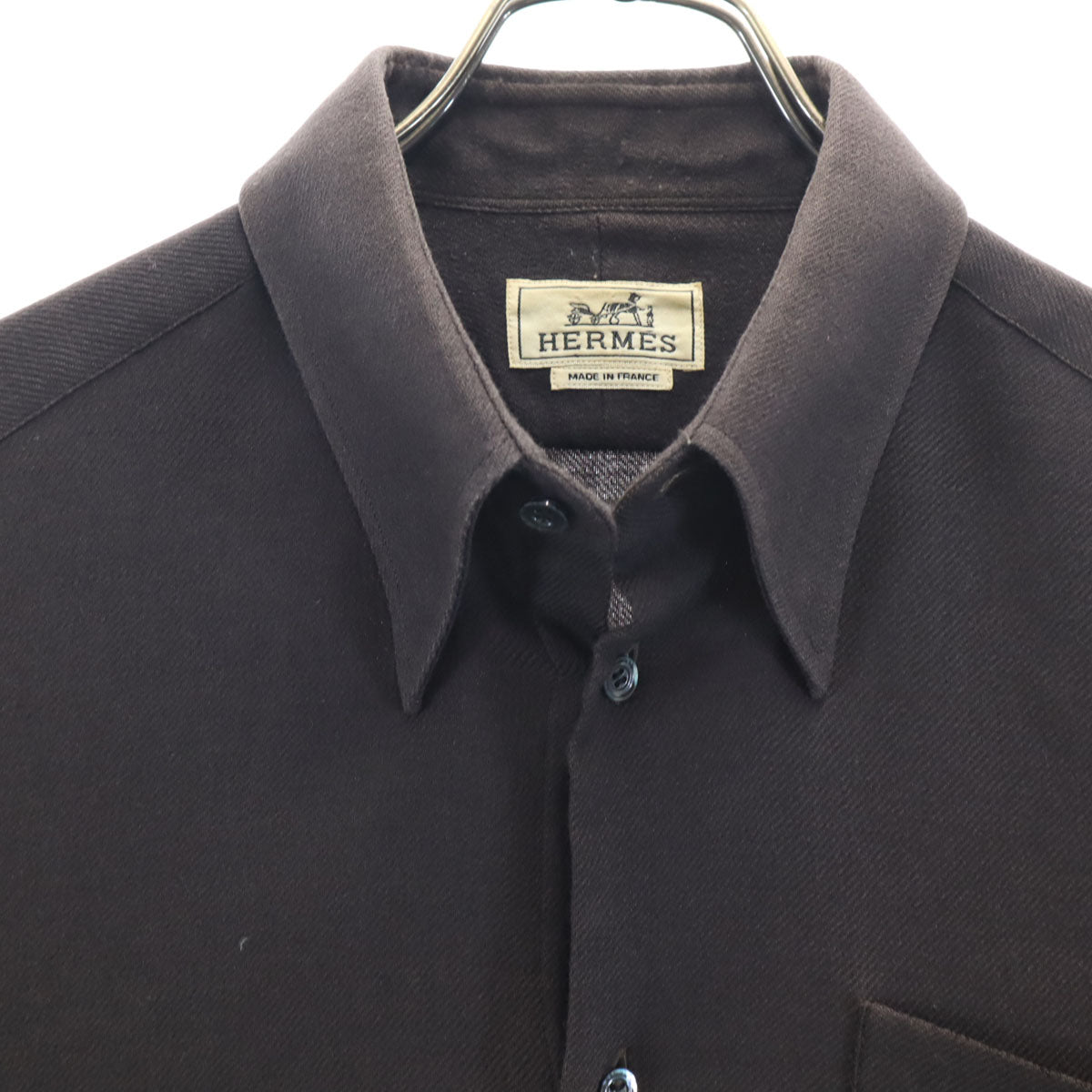 HERMES エルメス フランス製 長袖 ウールシャツ 42 ブラウン メンズ