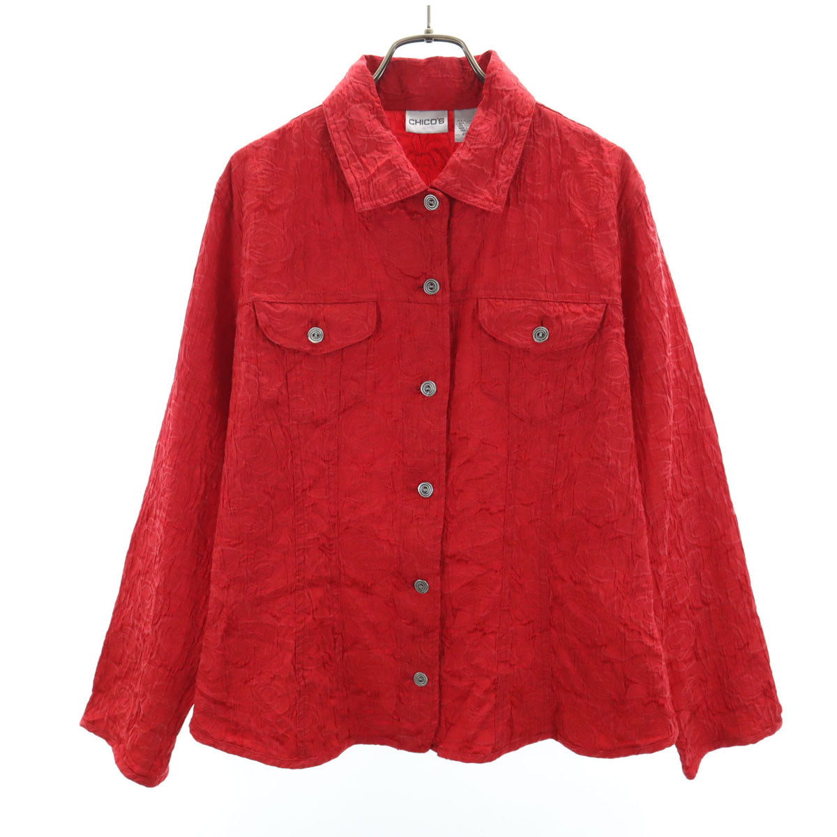 チコズ 00s オールド 長袖 ジャガード ワークシャツ 1 レッド バラ総柄 レディース
