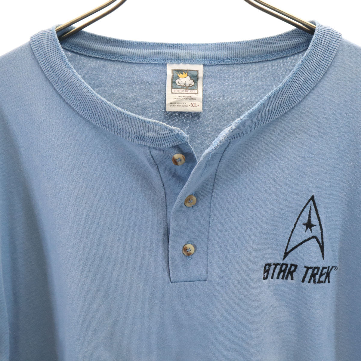 COTTON DELUXE コットンデラックス 90s 00s USA製 オールド STAR TREK刺繍 半袖 ヘンリーネック Tシャツ XL 水色 メンズ