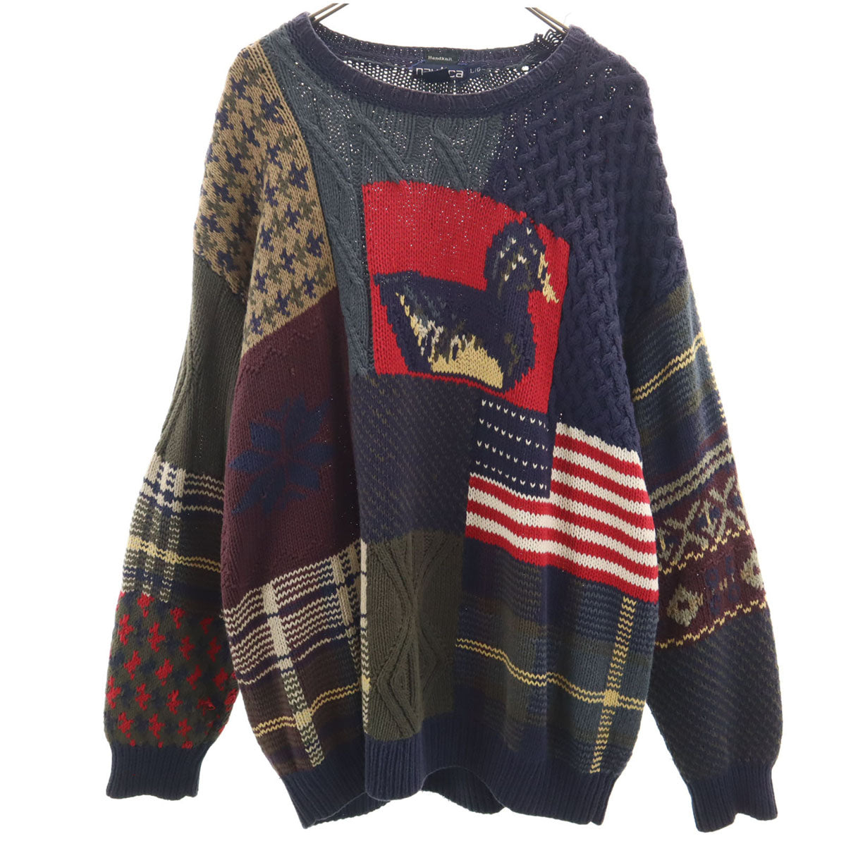 NAUTICA ノーティカ 90s オールド ハンドニット 総柄 長袖 セーター L ネイビー ニット メンズ