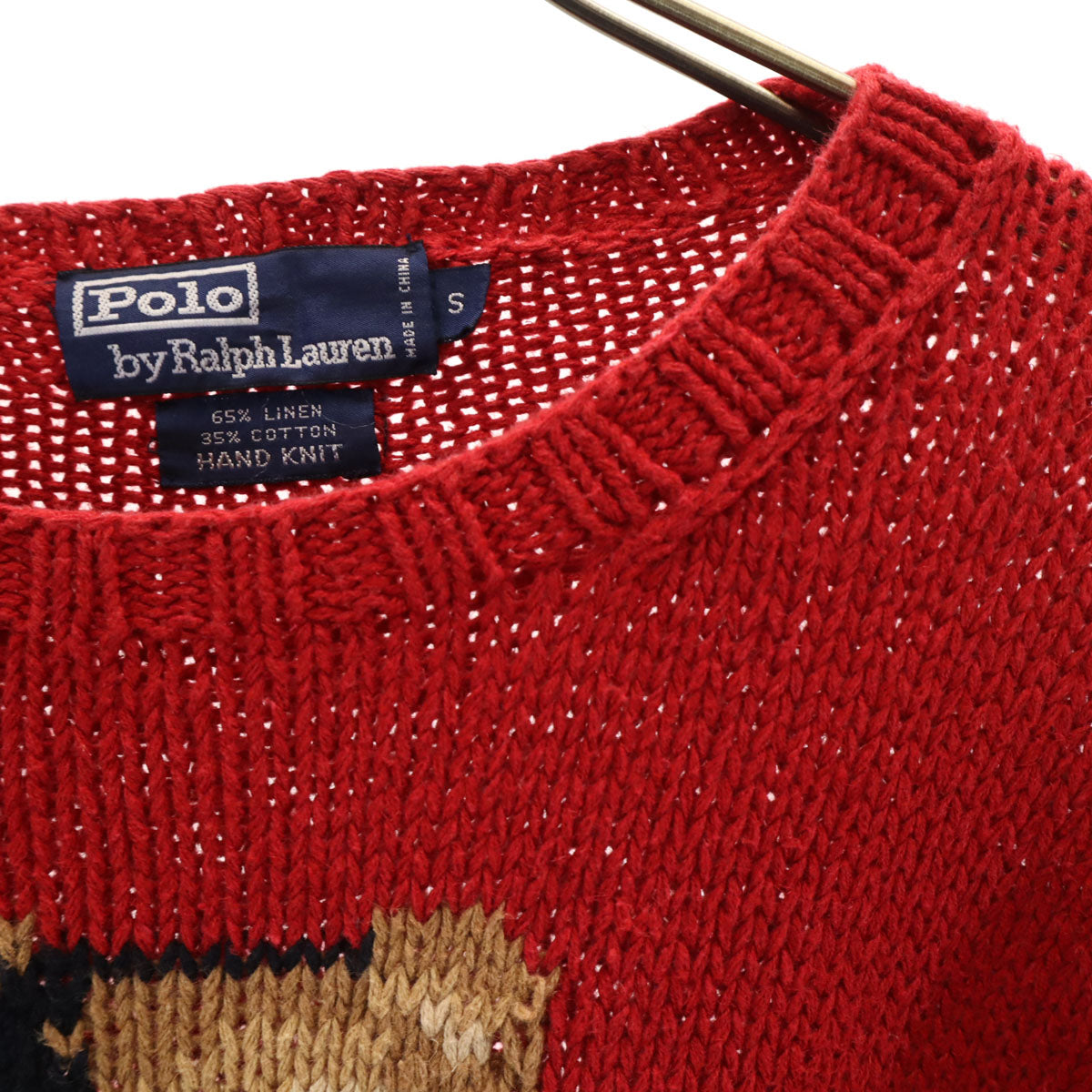 Polo by Ralph Lauren ポロバイラルフローレン 90s リネンブレンド オールド ハンドニット ポロベア 長袖 ニット S レッド セーター メンズ