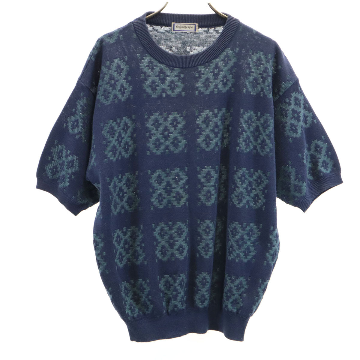 YVES SAINT LAURENT イヴサンローラン 90s リネンブレンド オールド 総柄 半袖 ニット M ネイビー メンズ