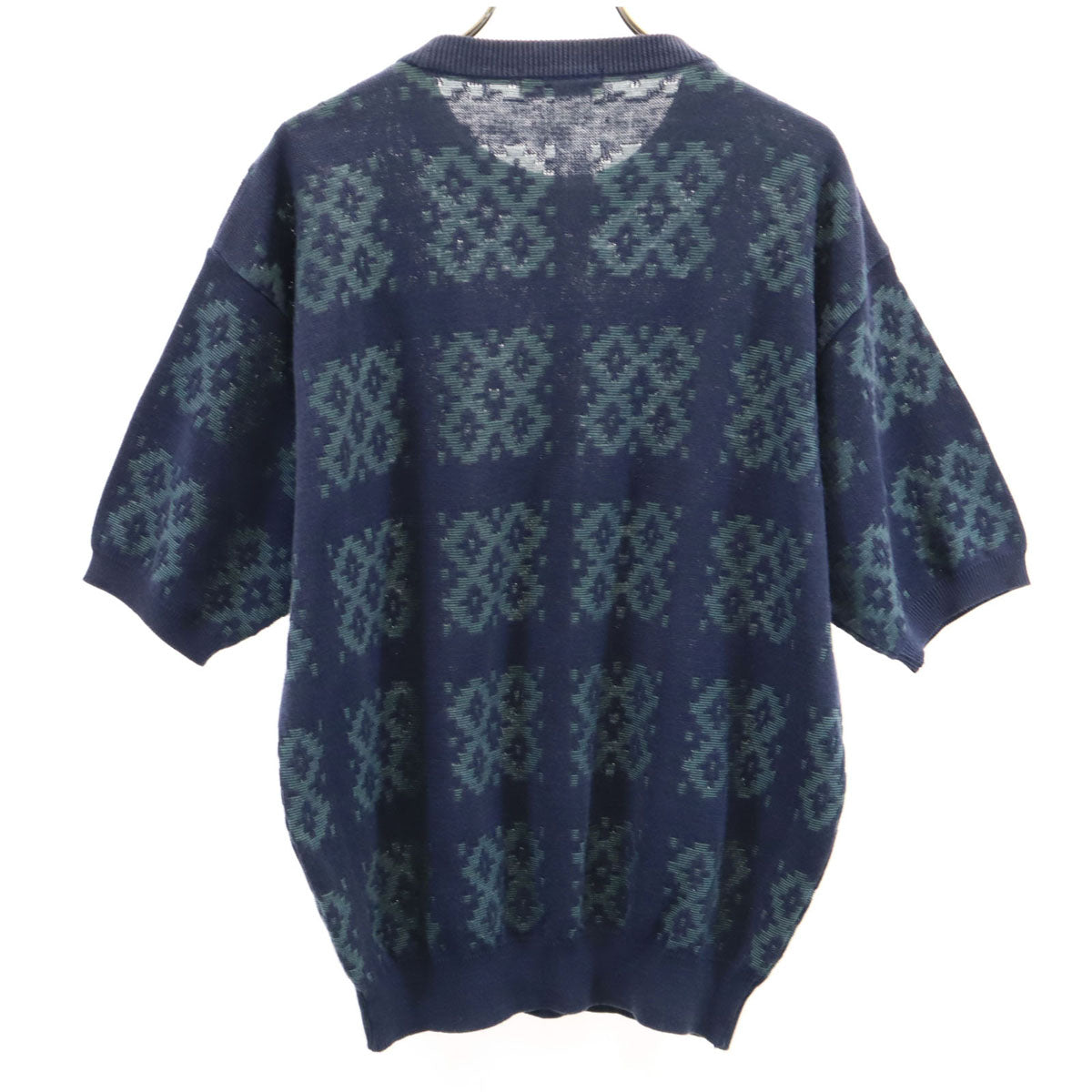 YVES SAINT LAURENT イヴサンローラン 90s リネンブレンド オールド 総柄 半袖 ニット M ネイビー メンズ