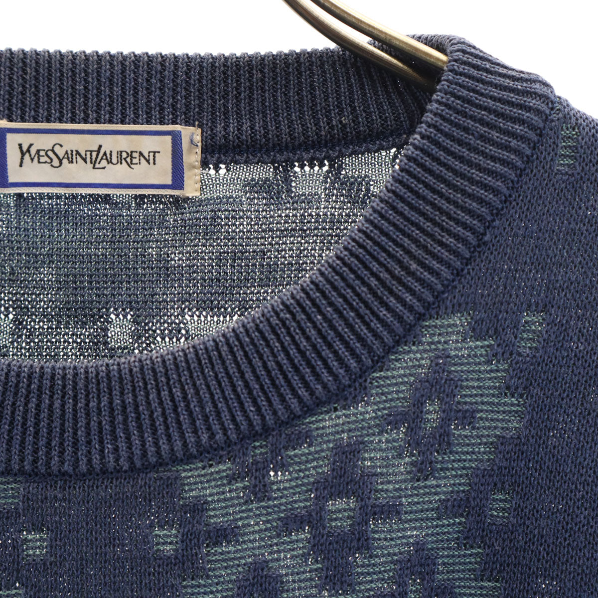YVES SAINT LAURENT イヴサンローラン 90s リネンブレンド オールド 総柄 半袖 ニット M ネイビー メンズ