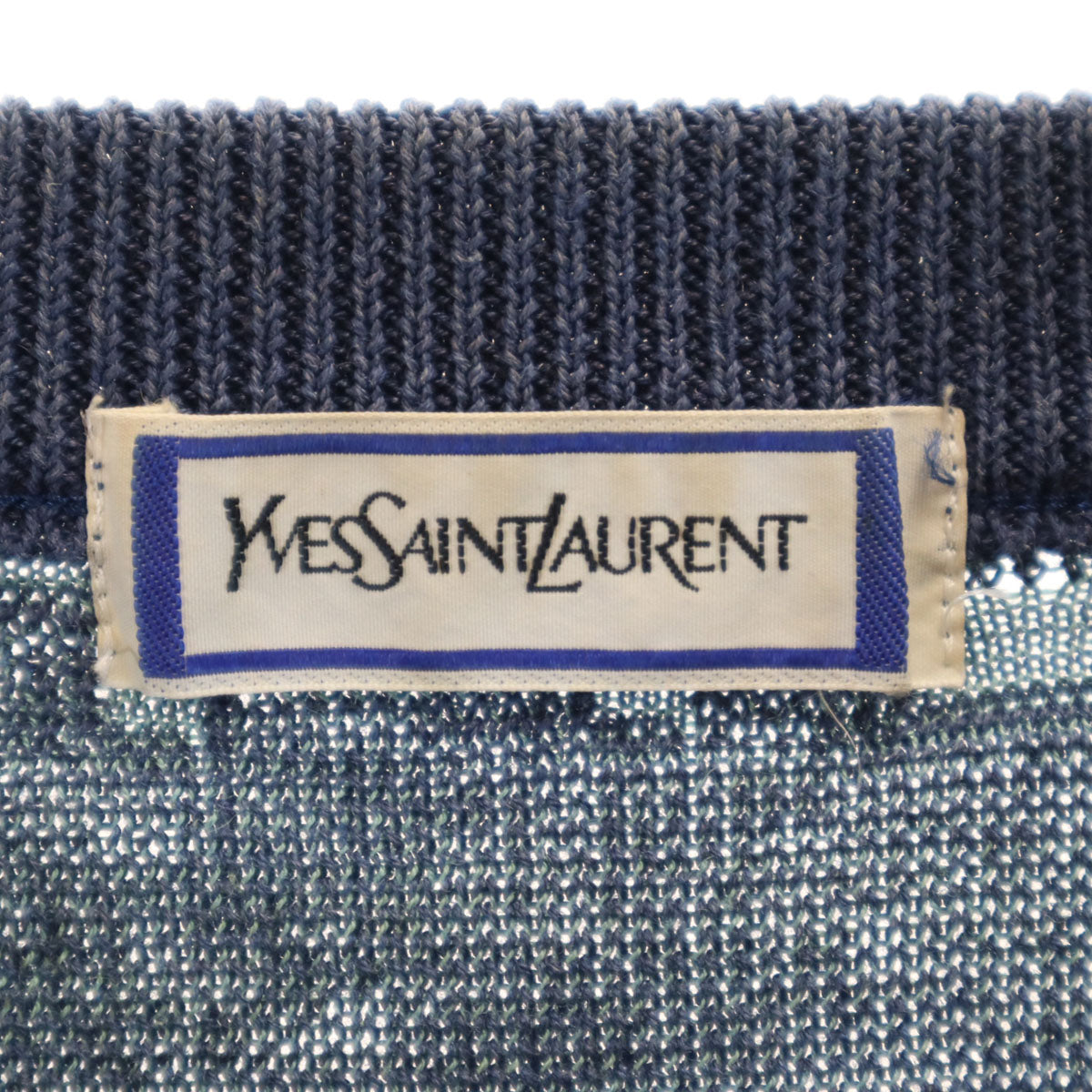 YVES SAINT LAURENT イヴサンローラン 90s リネンブレンド オールド 総柄 半袖 ニット M ネイビー メンズ
