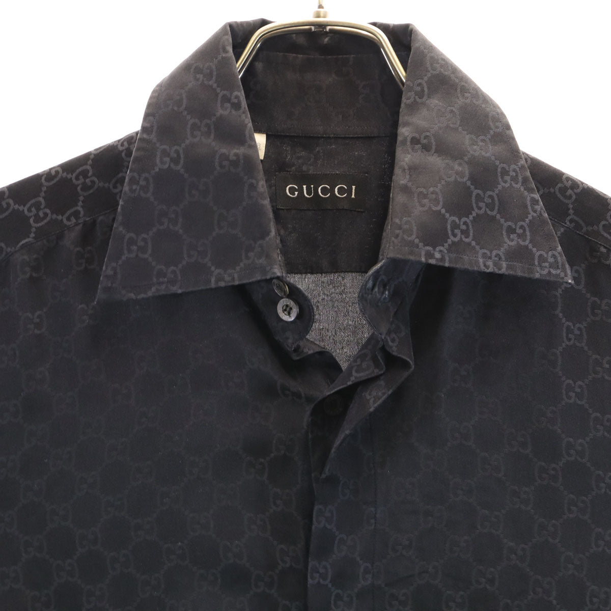 GUCCI グッチ イタリア製 シルクブレンド モノグラム 長袖 Wカフス シャツ 38 ブラック メンズ