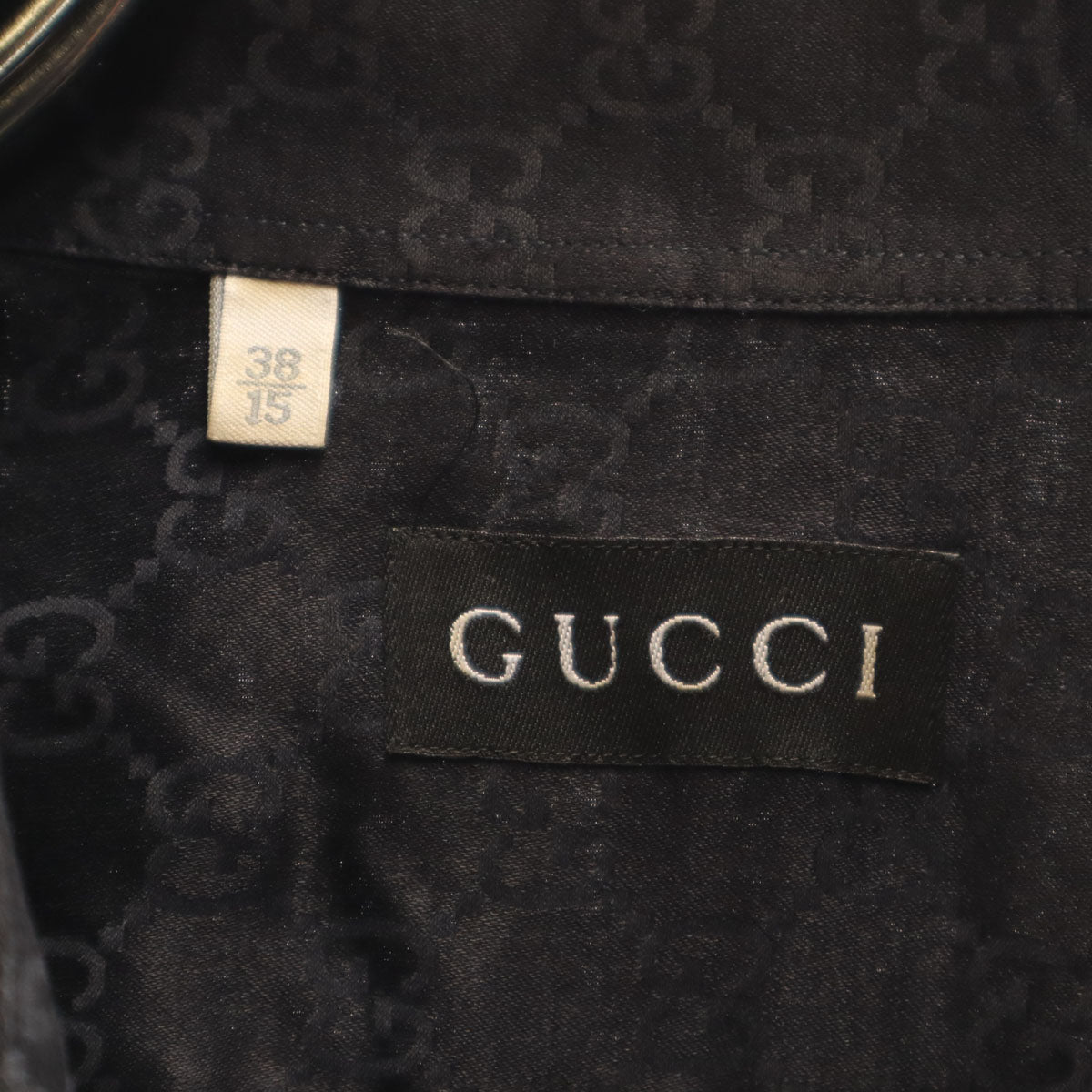 GUCCI グッチ イタリア製 シルクブレンド モノグラム 長袖 Wカフス シャツ 38 ブラック メンズ
