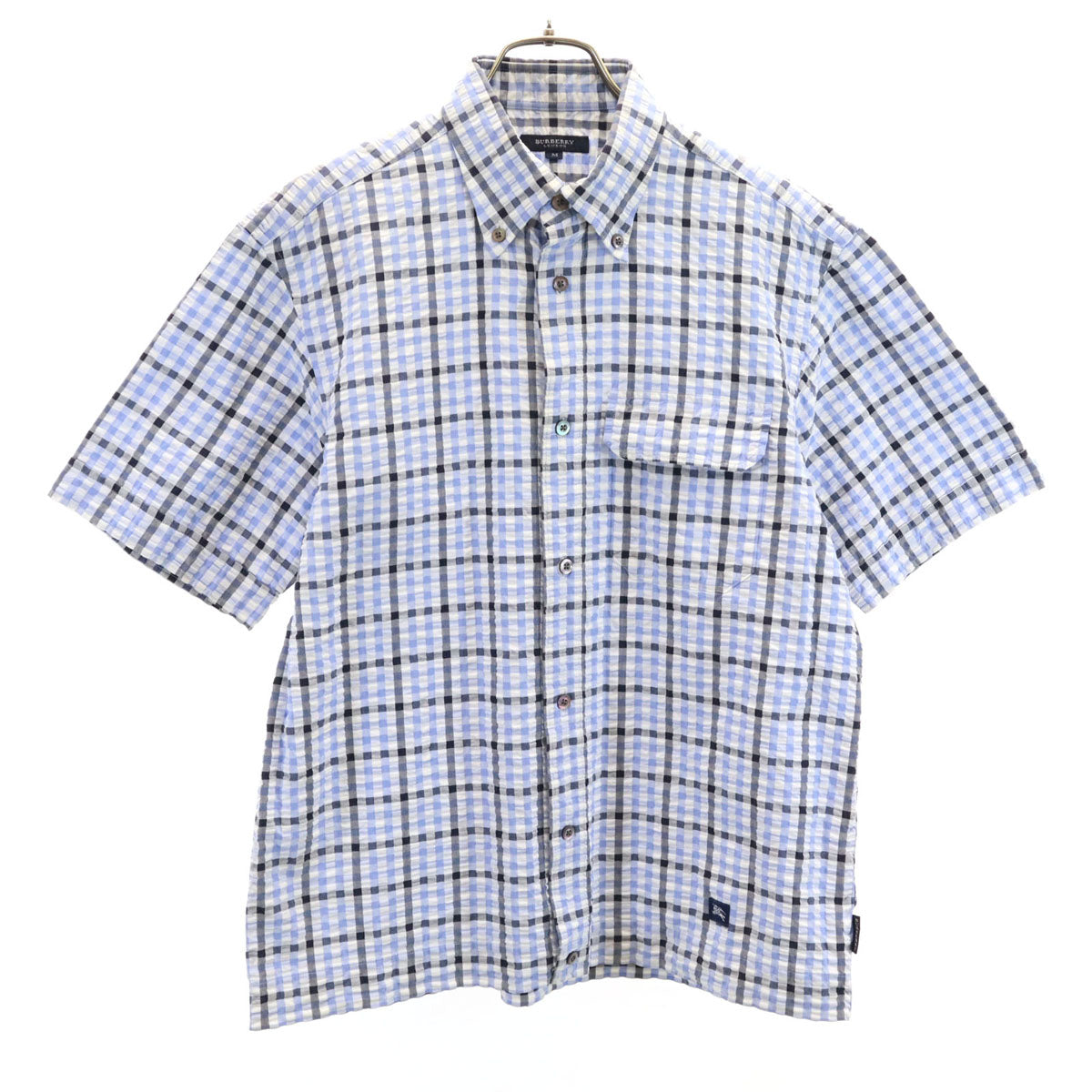BURBERRY LONDON バーバリーロンドン チェック柄 半袖 シアサッカー ボタンダウンシャツ M ブルー メンズ
