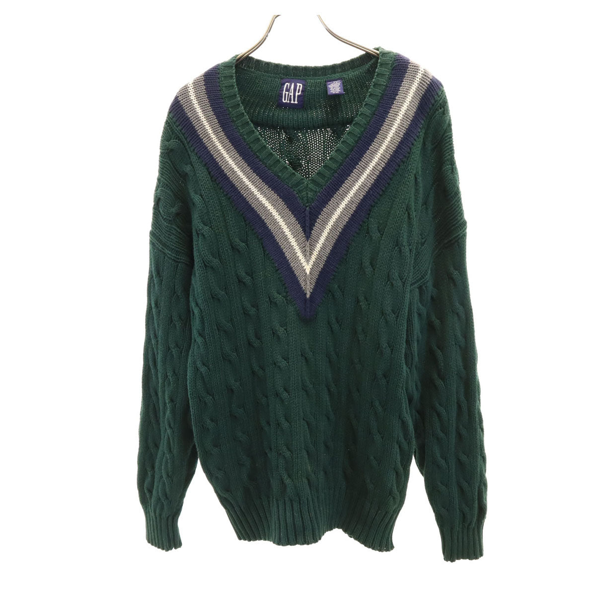 GAP ギャップ 90s オールド チルデン 長袖 Vネック ケーブル ニット L 深緑 セーター メンズ