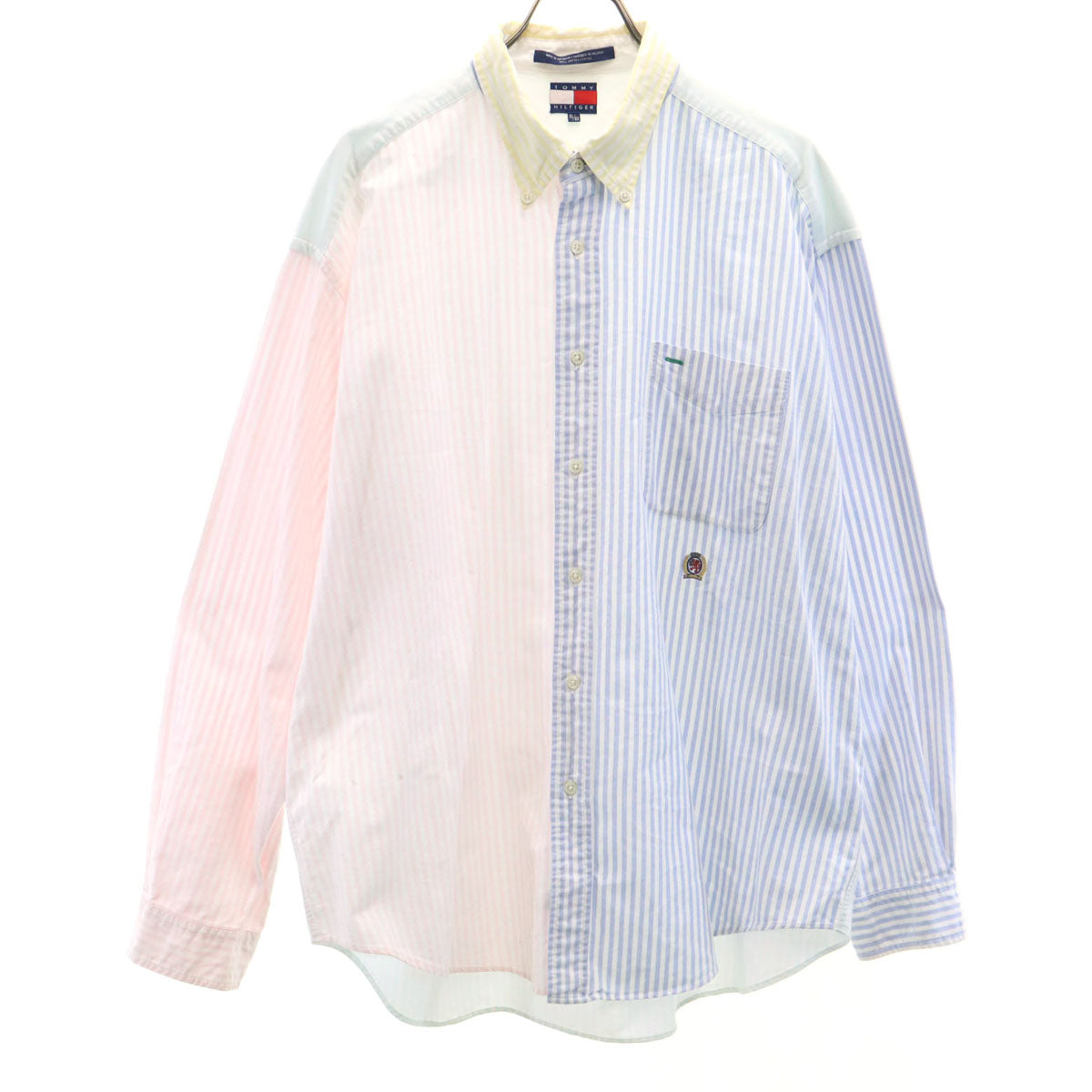 トミーヒルフィガー ボタンダウンシャツ 国旗 フラッグ 紺 ネイビー 長袖 L メンズ 春夏 OFM1806 東4218 90s L トミーヒルフィガー総柄 フラッグ 国旗 ボタンダウンシャツ 刺繍