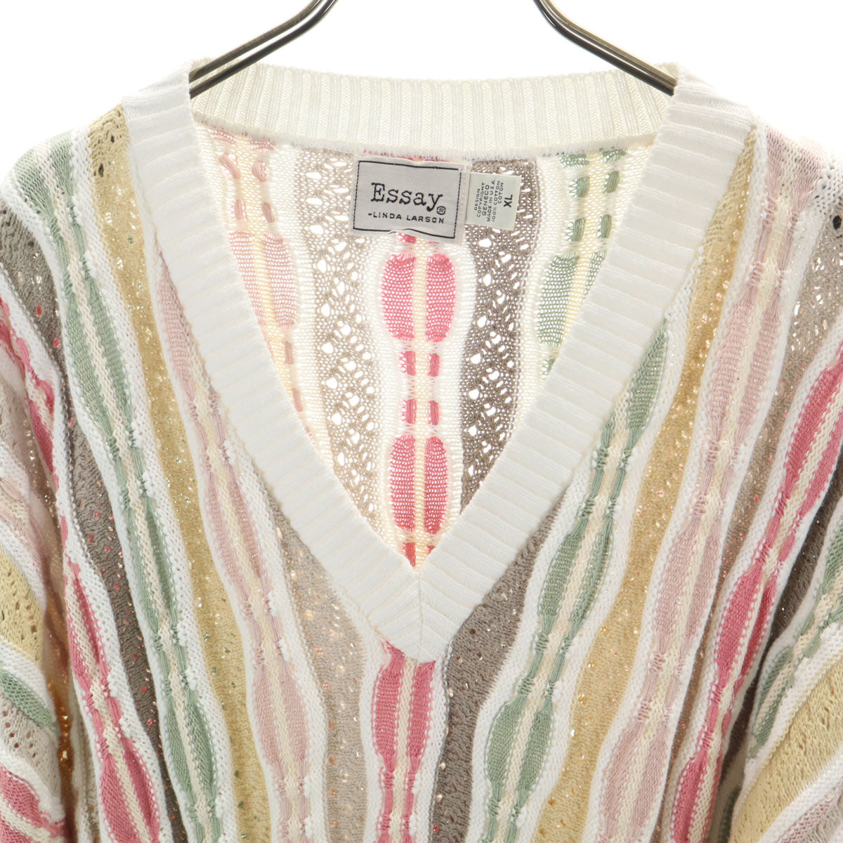 ESSAY エッセイ 90s オールド 3Dニット 長袖 Vネック ニット XL ホワイト系 メンズ
