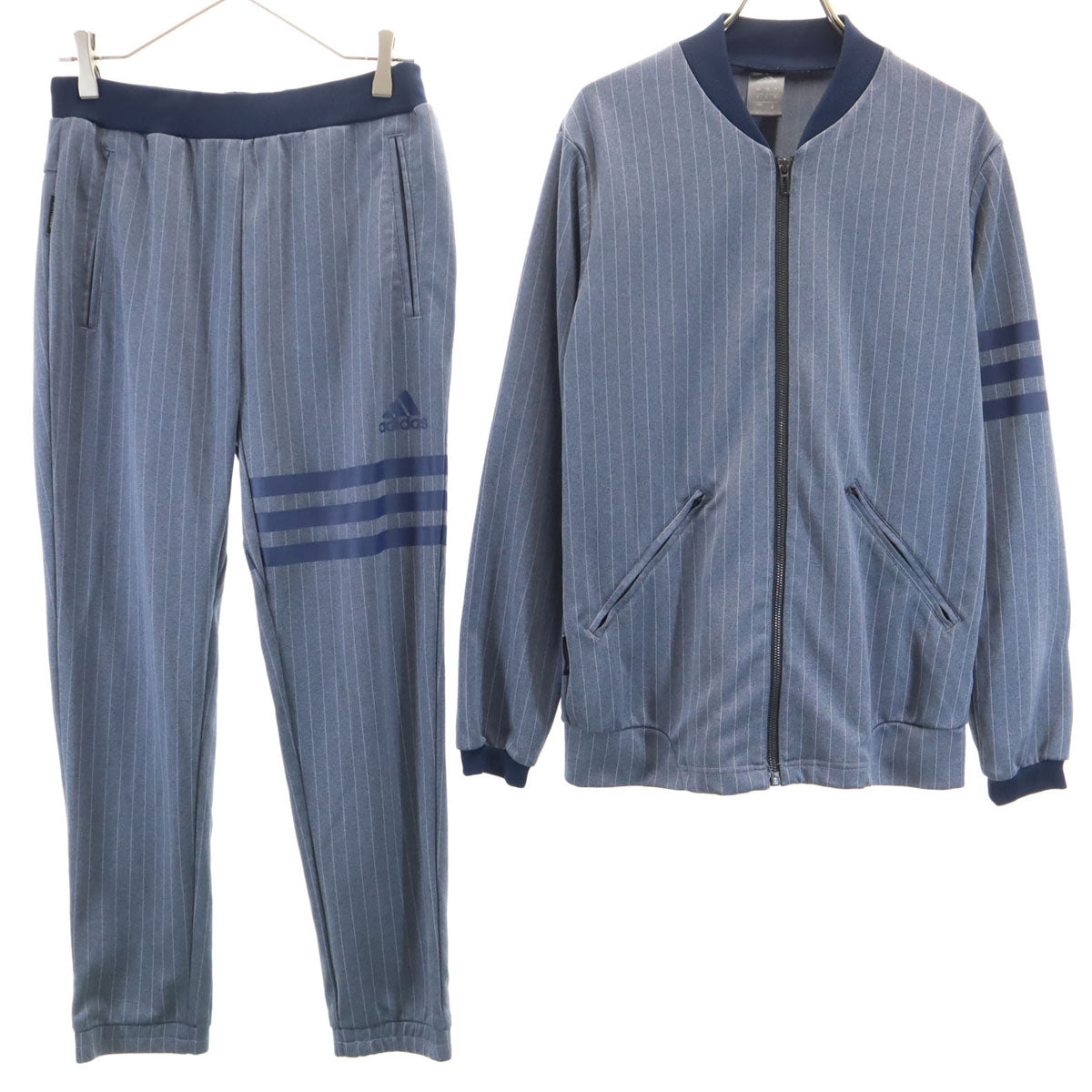 美品 adidas アディダス ピンストライプ柄 ジャージジャケット 上下 セットアップ M ネイビー系 メンズ