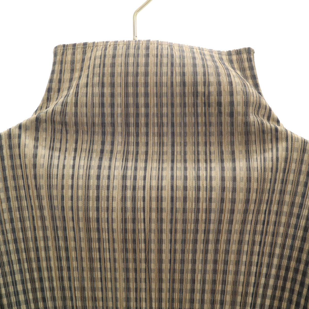 美品 PLEATS PLEASE プリーツプリーズ 90s 日本製 オールド チェック柄 長袖 ハイネック プリーツ カットソー 3 ベージュ イッセイミヤケ レディース