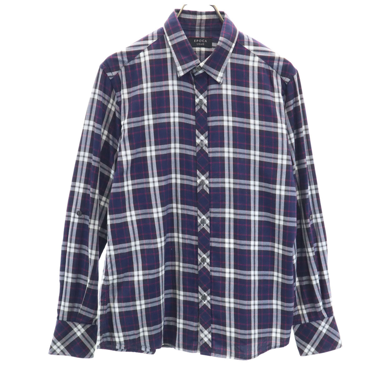 EPOCA UOMO エポカウォモ チェック柄 長袖 コットンシャツ 46 ネイビー ロールアップ袖 メンズ