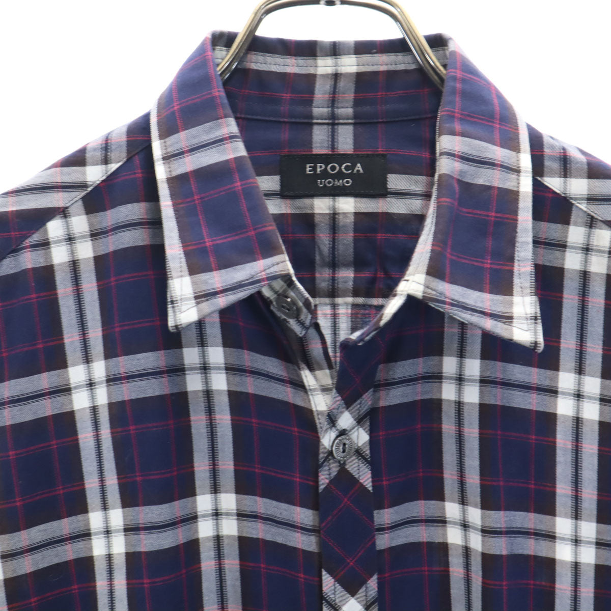 EPOCA UOMO エポカウォモ チェック柄 長袖 コットンシャツ 46 ネイビー ロールアップ袖 メンズ