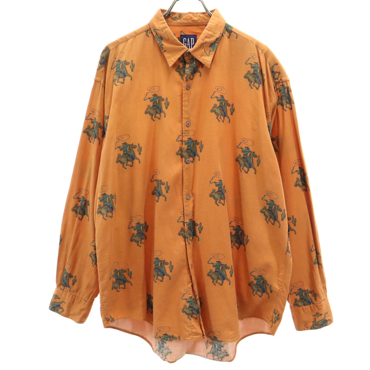 GAP ギャップ 90s オールド 紺タグ カウボーイ柄 長袖 ボタンダウンシャツ L オレンジ メンズ