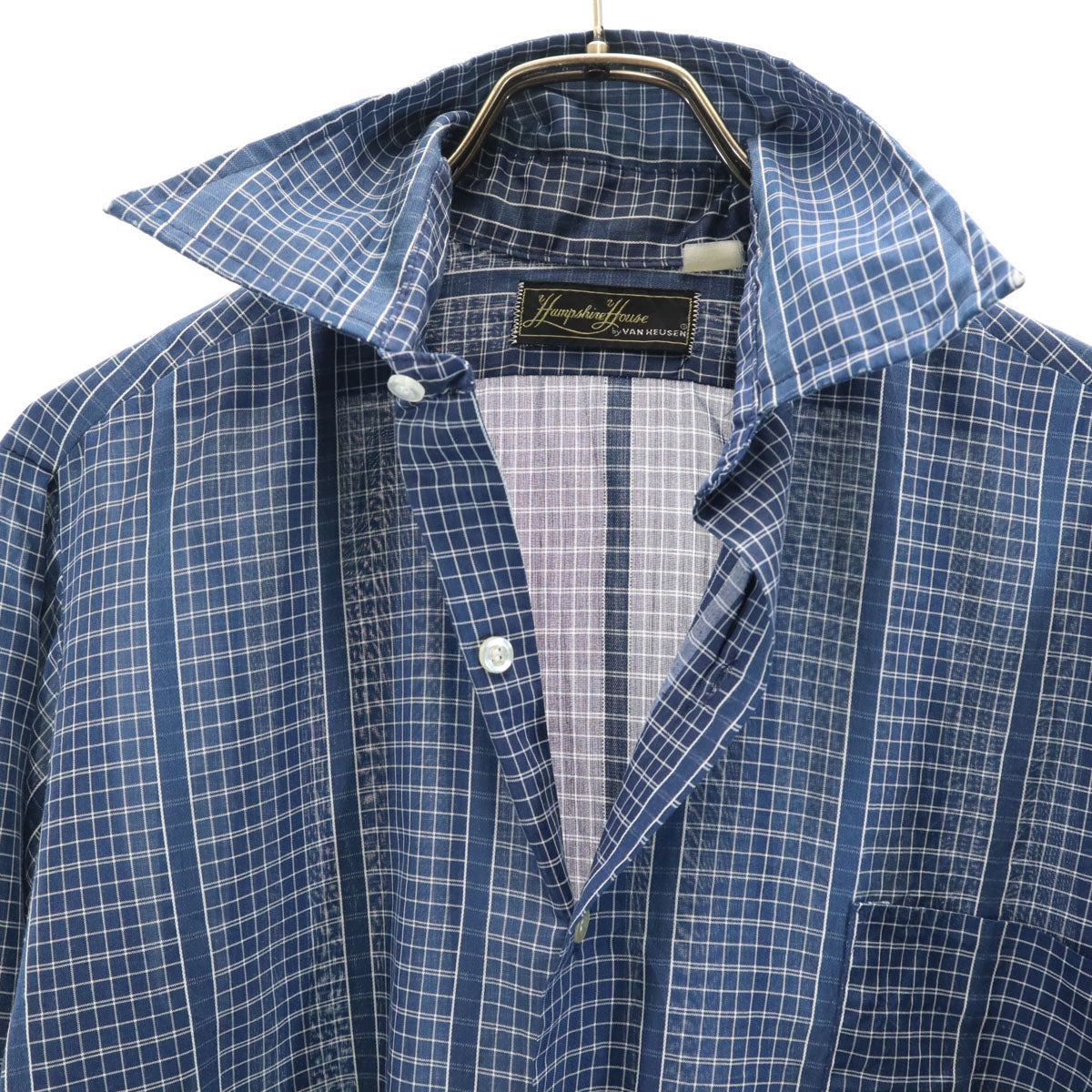 VAN HEUSEN ヴァンヒューゼン 70s 80s ヴィンテージ 衿芯 チェック柄 長袖 シャツ ブルー メンズ