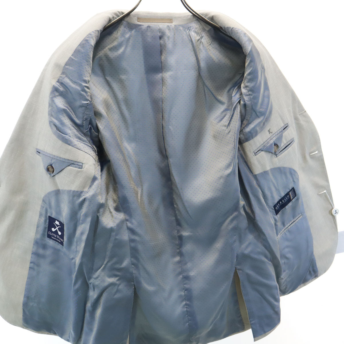 未使用 オリバー ウィックス グアベロ生地 テーラードジャケット 48 グレージュ ハンガー 衣類カバー付き メンズ