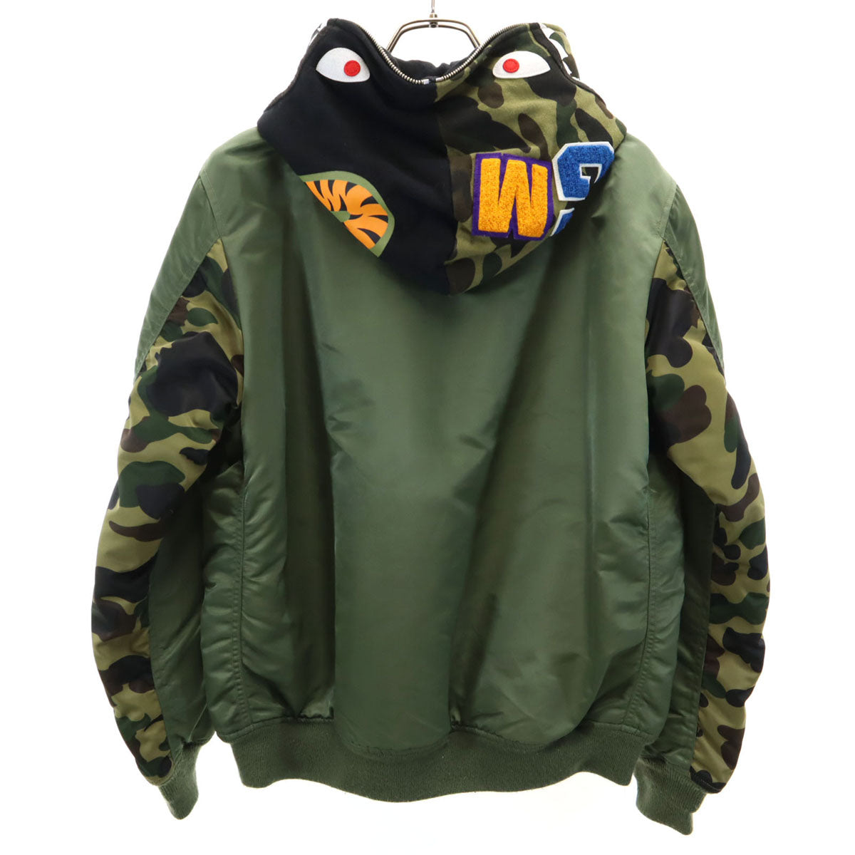 A BATHING APE アベイシングエイプ シャーク カモフラ柄 レイヤード フライトジャケット S カーキ MA-1 中綿 メンズ