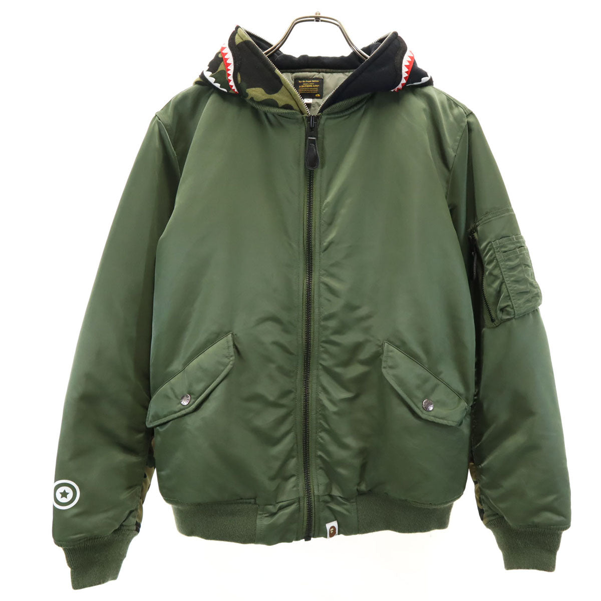 A BATHING APE アベイシングエイプ シャーク カモフラ柄 レイヤード フライトジャケット S カーキ MA-1 中綿 メンズ