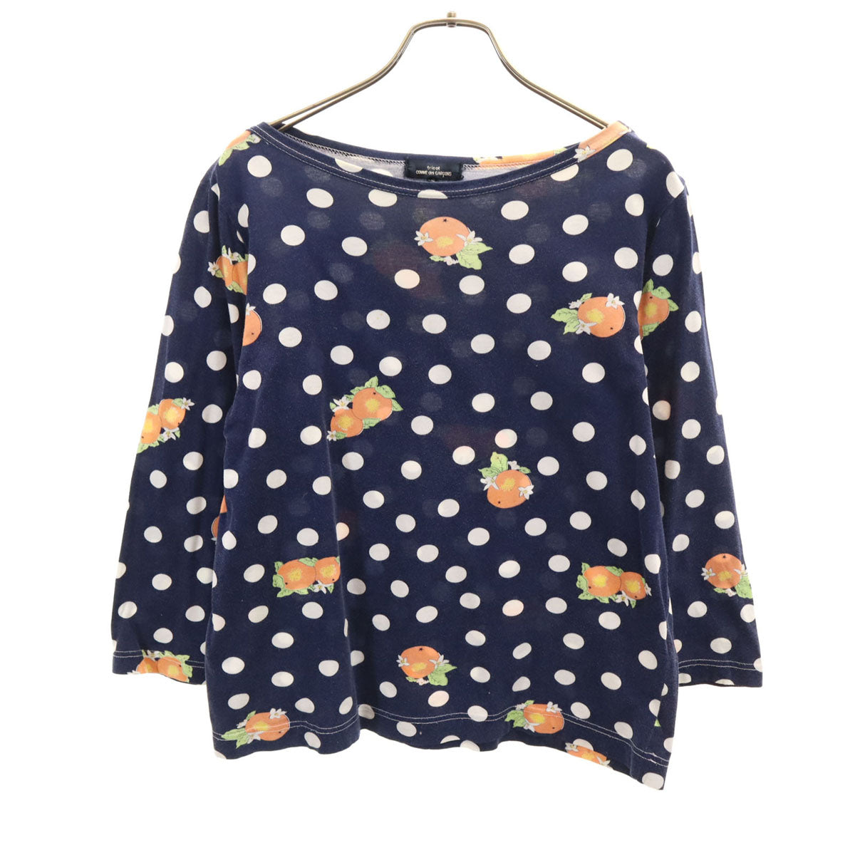 tricot COMME des GARCONS トリココムデギャルソン ドット オレンジ柄 7分袖 ボートネック カットソー S ネイビー レディース