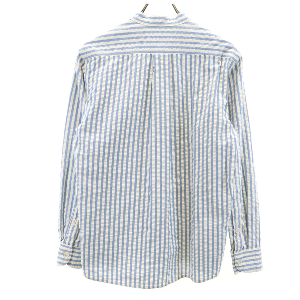 MOMOTARO JEANS 桃太郎ジーンズ ストライプ柄 長袖 プルオーバー バンドカラーシャツ 36 ホワイト シアサッカー メンズ