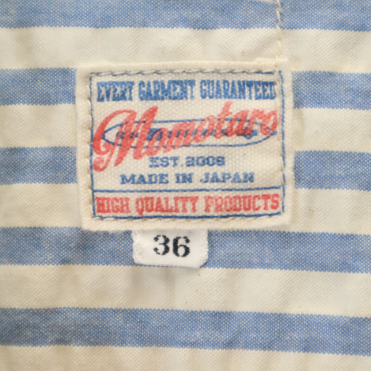 MOMOTARO JEANS 桃太郎ジーンズ ストライプ柄 長袖 プルオーバー バンドカラーシャツ 36 ホワイト シアサッカー メンズ