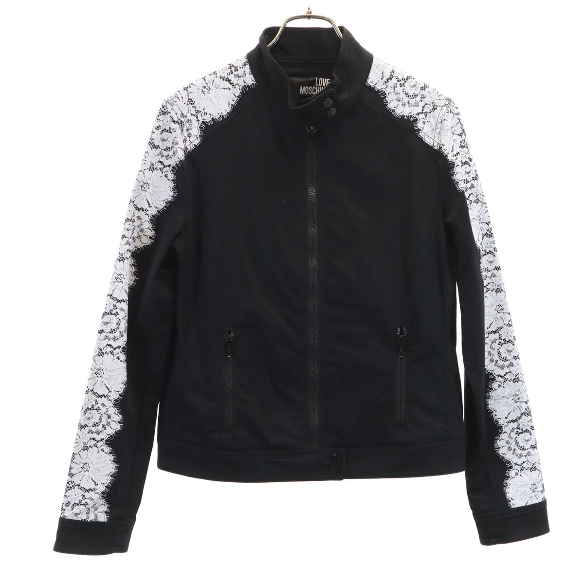 LOVEMOSCHINO ラブモスキーノ イタリア製 レースプリント シングルライダースジャケット 42 ブラック レディース