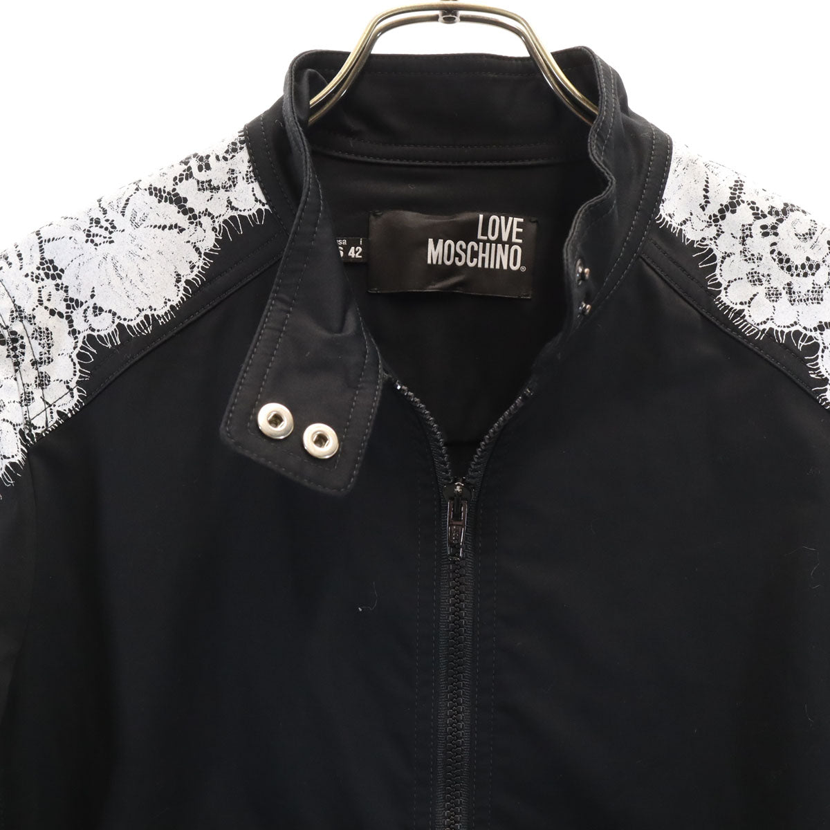 LOVEMOSCHINO ラブモスキーノ イタリア製 レースプリント シングルライダースジャケット 42 ブラック レディース