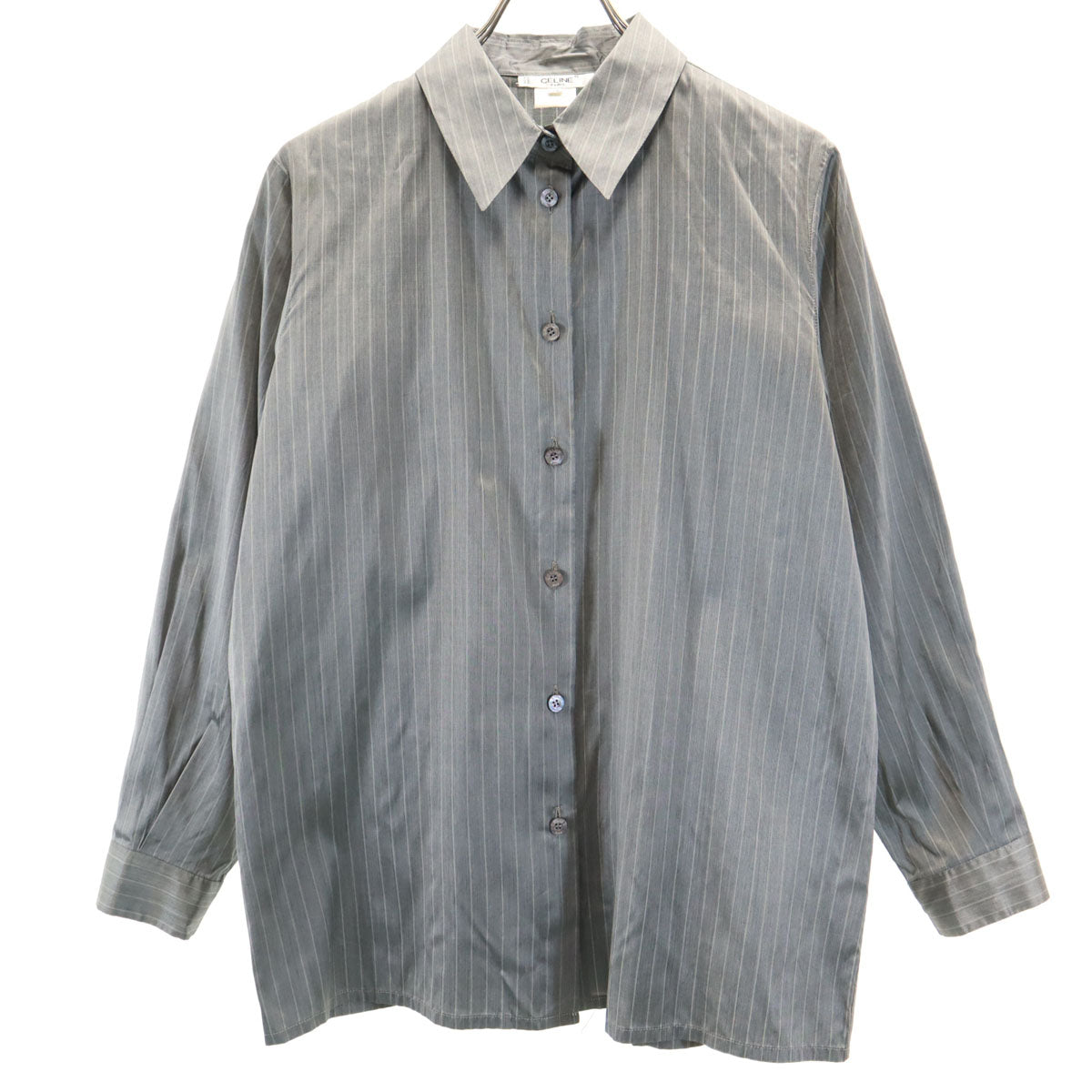 CELINE セリーヌ 90s オールド フランス製 ストライプ柄 長袖 ボタンダウンシャツ 42 グレー レディース