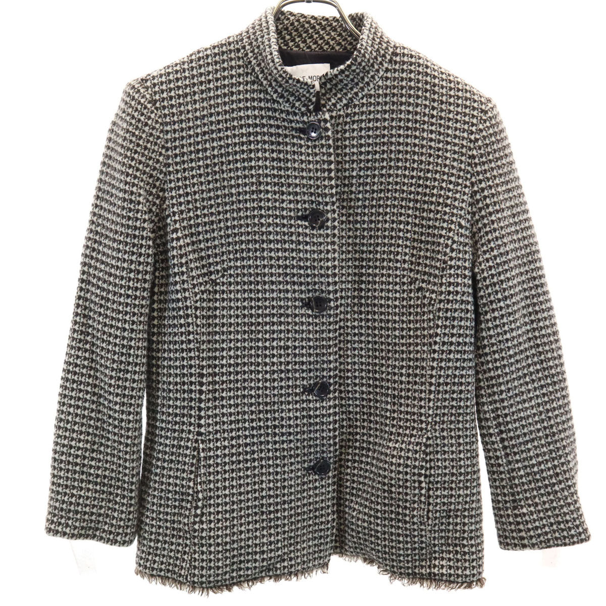 美品 HANAE MORI 森英恵 ハナエモリ 千鳥柄 スタンドカラー ジャケット 40 グレー レディース