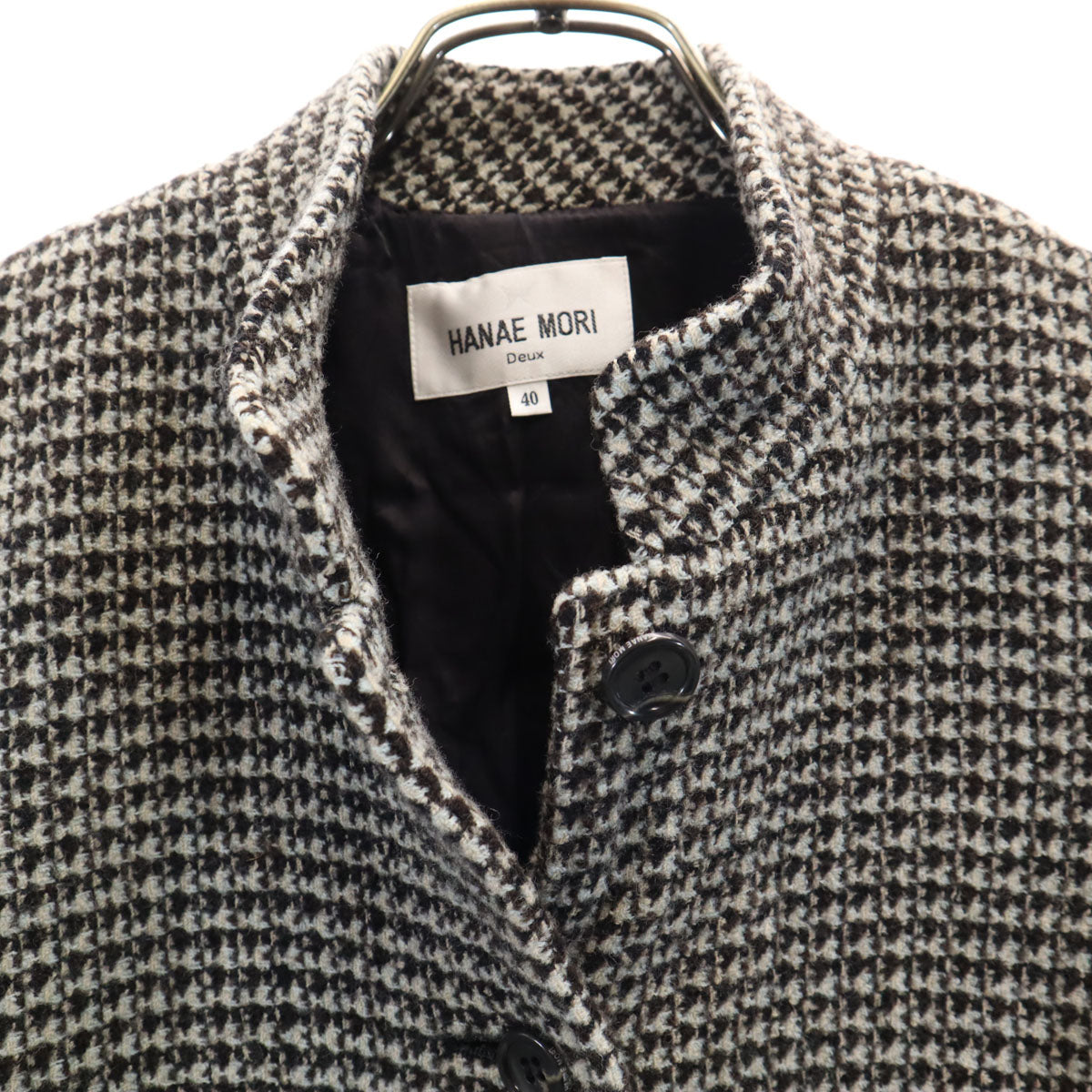 美品 HANAE MORI 森英恵 ハナエモリ 千鳥柄 スタンドカラー ジャケット 40 グレー レディース